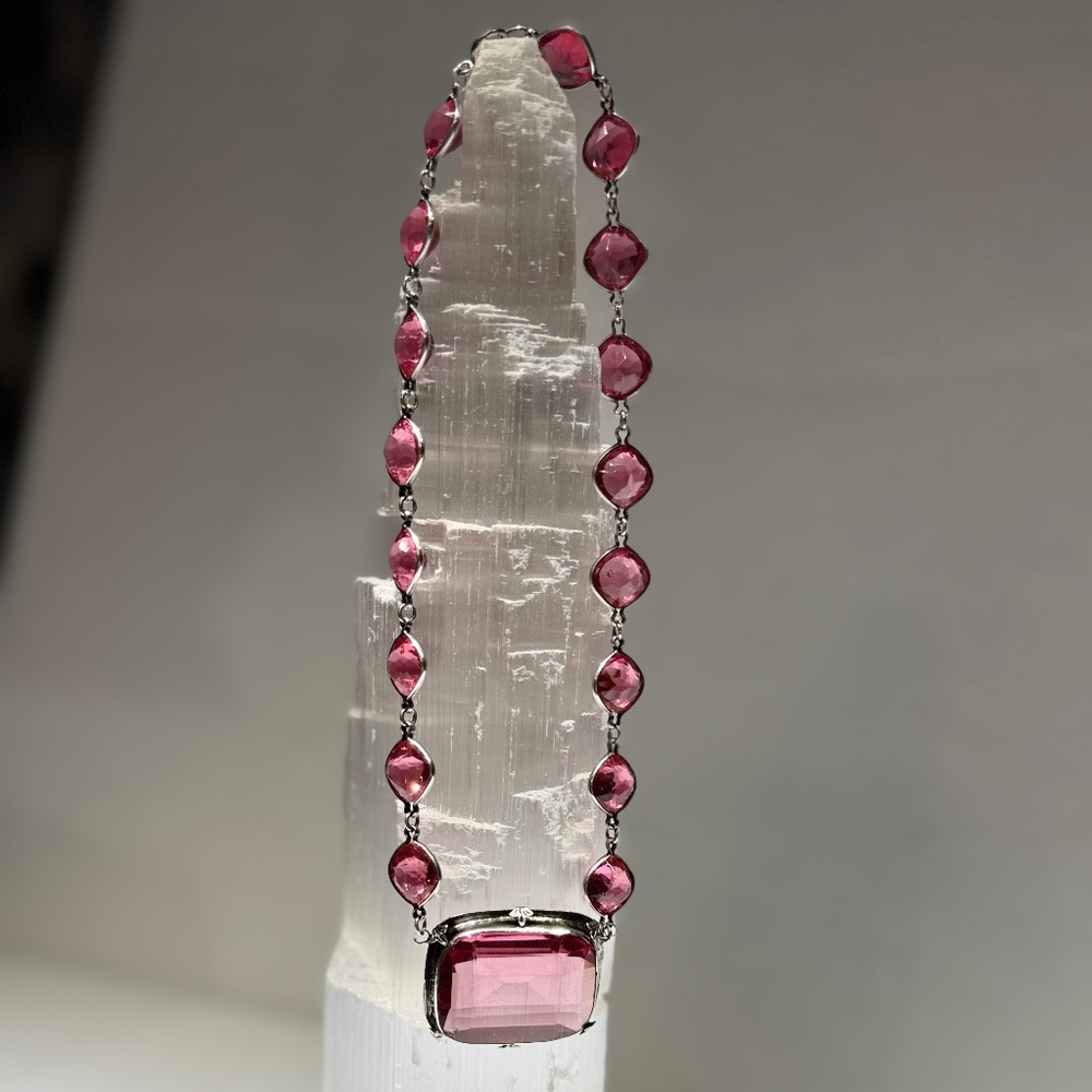 Precious pink Art Deco Czech glass in sterling silver! Marked "Sterling". RARE!